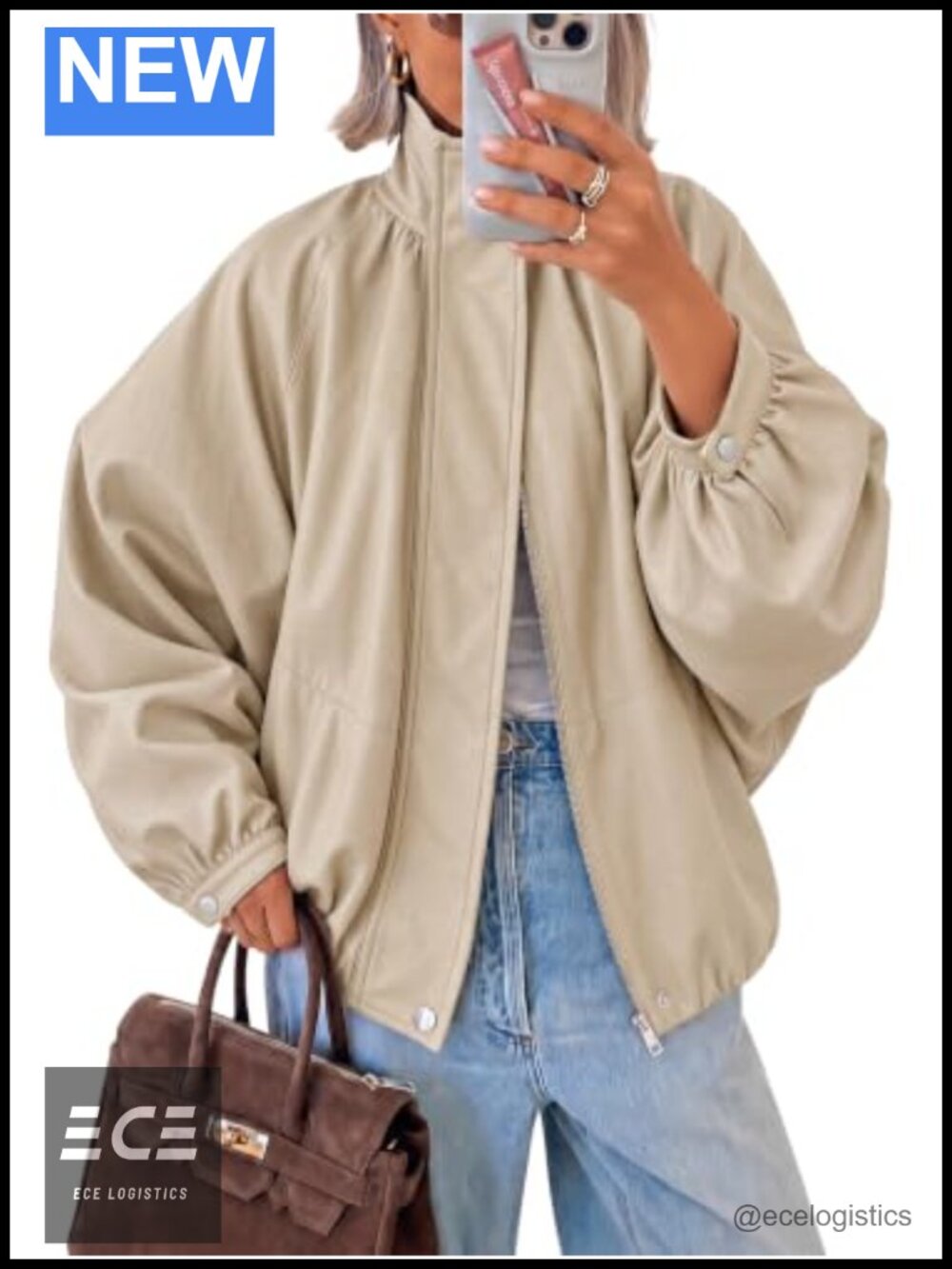 Faux Leather Bomber Jacket Long Sleeve Zipper Fall Coat Puff Sleeve